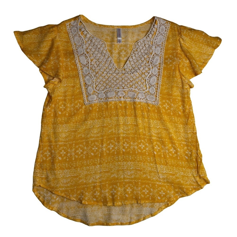 Xhilaration Yellow White Floral Short Sleeves Top Shirt Crochet on Front NWOT - Picture 3 of 13